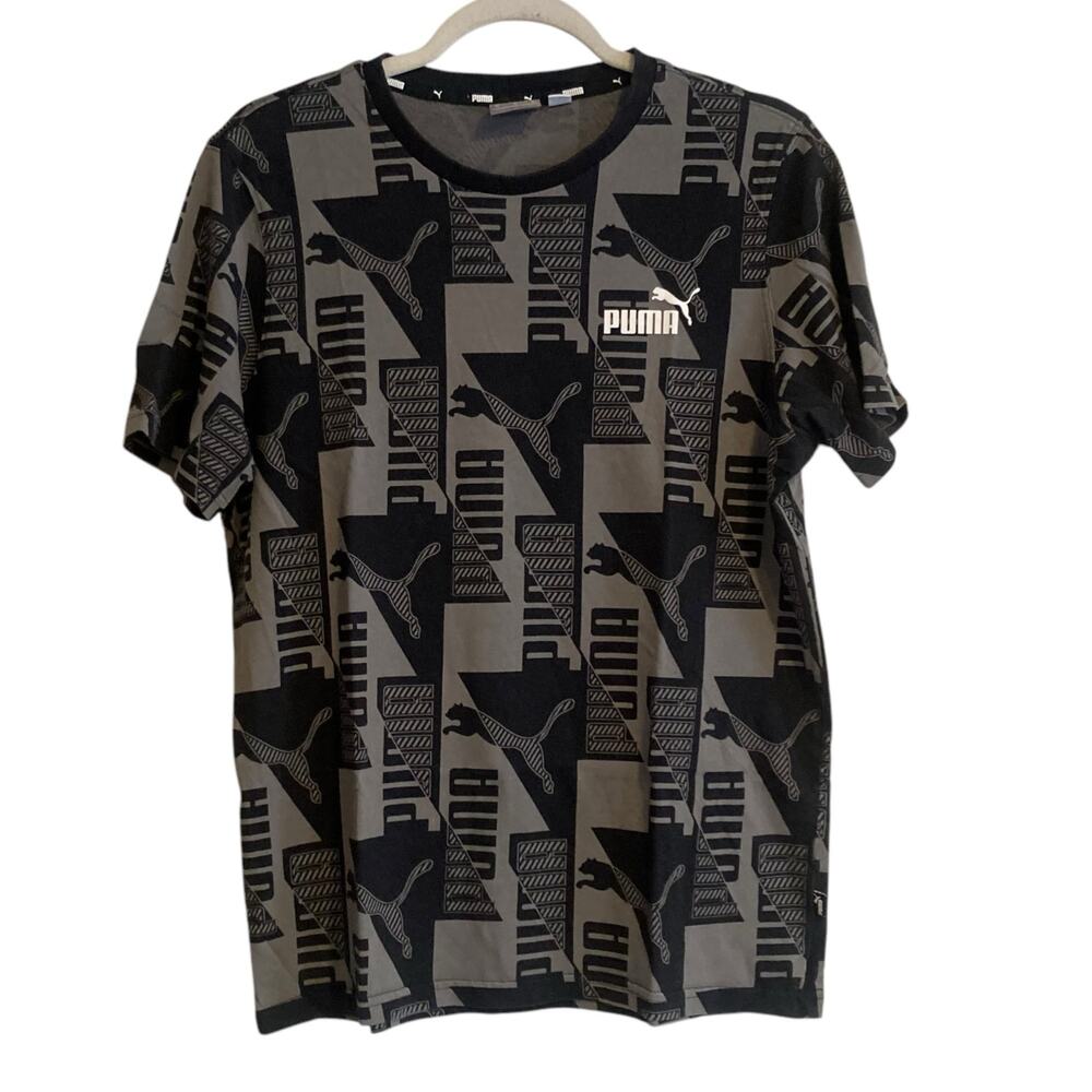 Puma Black Gray Power AOP All Over Print Logo Regular Fit T Shirt Size Medium